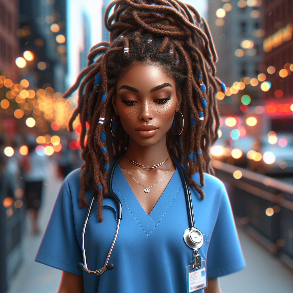 beautiful young black nurse in scrubs wearing RBZ badge reel with NYC blur behind her 