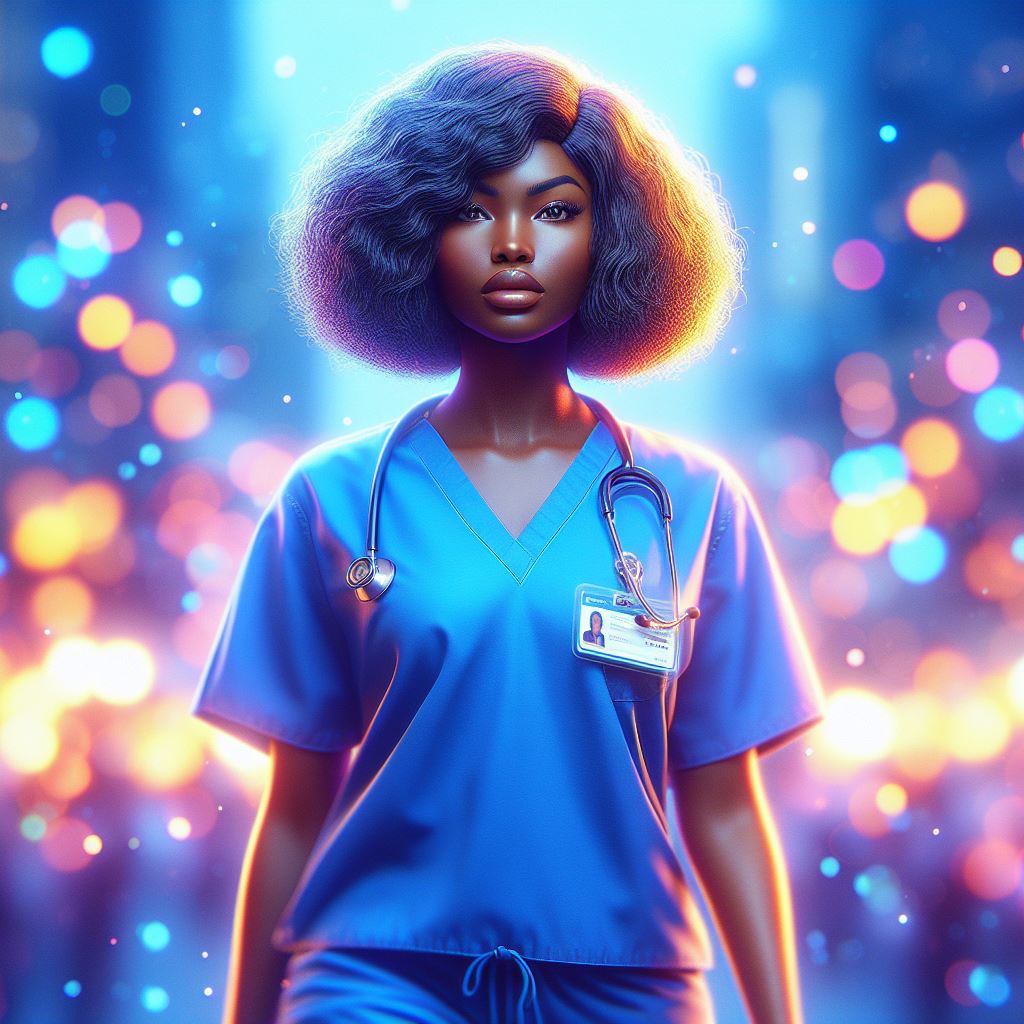 beautiful young black nurse in scrubs wearing RBZ badge reel with NYC blur behind her 