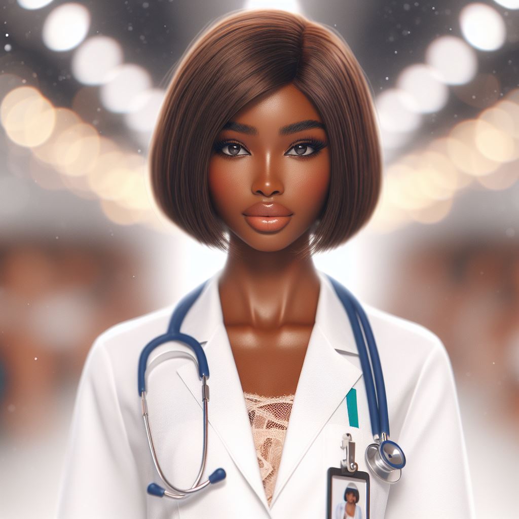 beautiful young black nurse in scrubs wearing RBZ badge reel with NYC blur behind her 